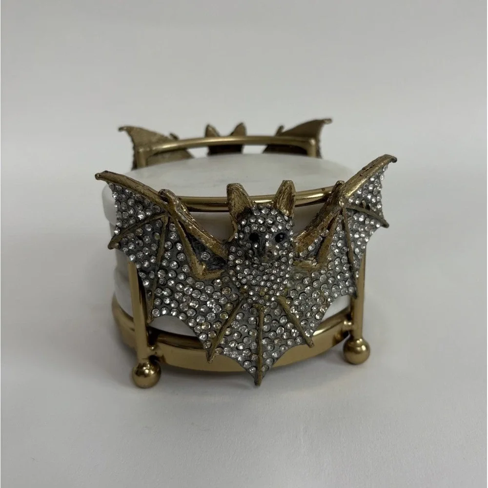 Set Of 4 Gold Diamond Rhinestones Bat Halloween Holder Marble Coasters Goth Glam